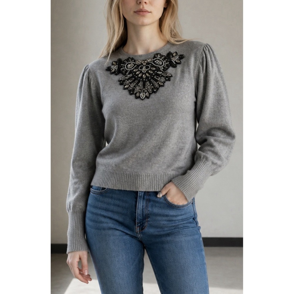 BXJB 100%‎ Cashmere Gray Embellished Puff Sleeve Crewneck Crop Sweater Jewel S